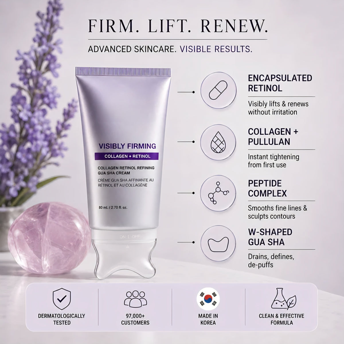 Haenyo cream tube beside lavender stems and a rose quartz sphere, with callouts for encapsulated retinol, collagen and pullulan, peptide complex and the W-shaped gua sha head.
