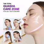 Woman's profile with illuminated arrows tracing the jaw, cheek and neck, beside four photographs of the applicator being used from jaw to decollete.