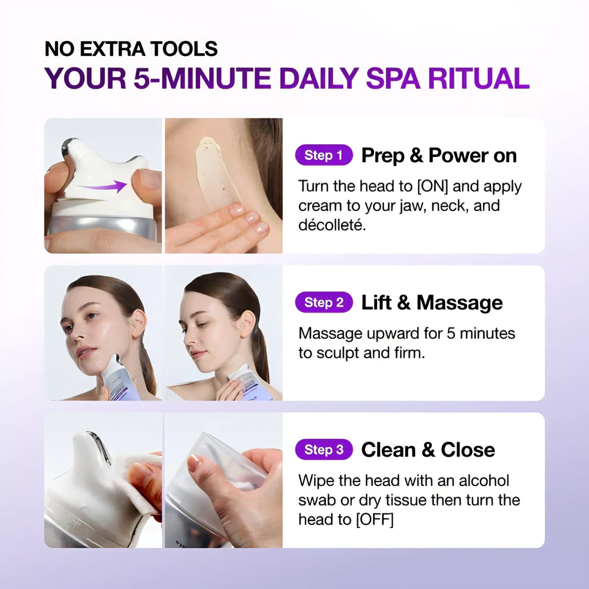 Three-step usage guide: turning the applicator head to the on position and applying cream, massaging upward along the jaw and neck, then wiping the head clean.